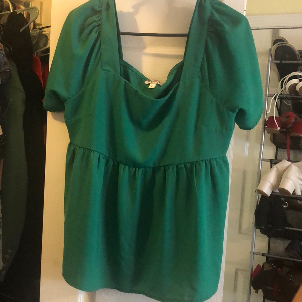 Green Blouse babydoll shirt boutique Andrew By Unit Square Cut neck